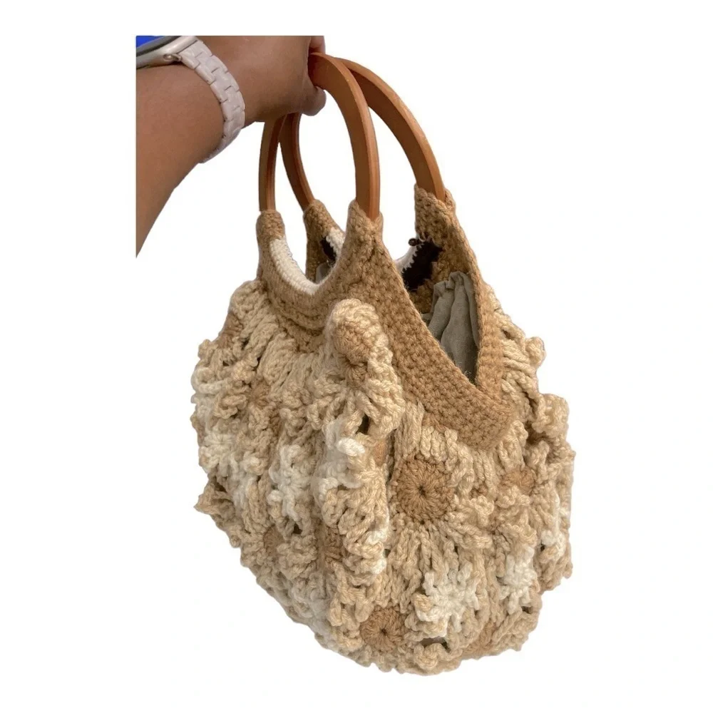 Vintage Handmade Floral Crochet Granny Style Bag, tan /cream wooden handles